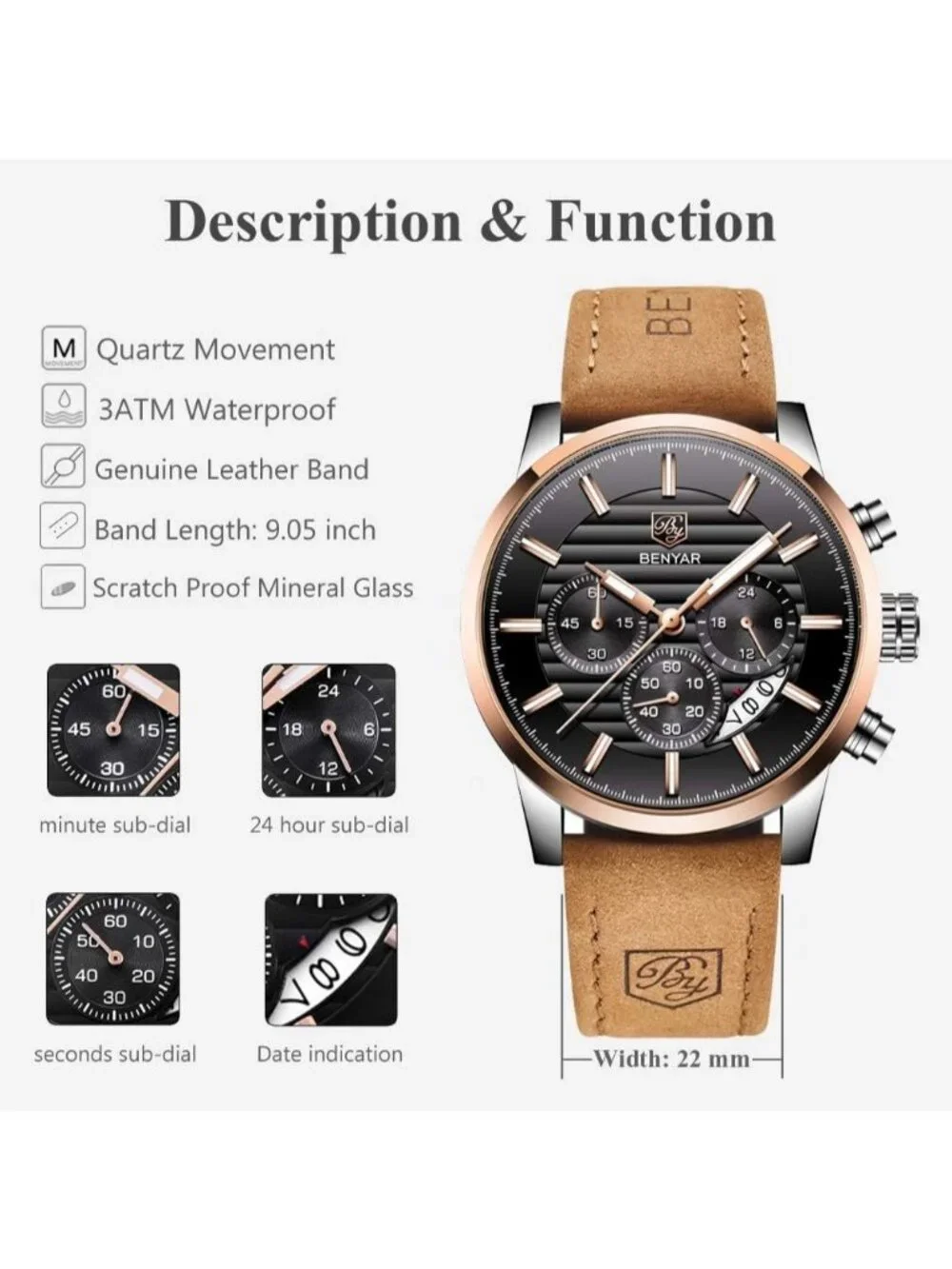 Men's Brown Gold Black Analog Quartz Chronograph Waterproof Fashion Wrist Watch